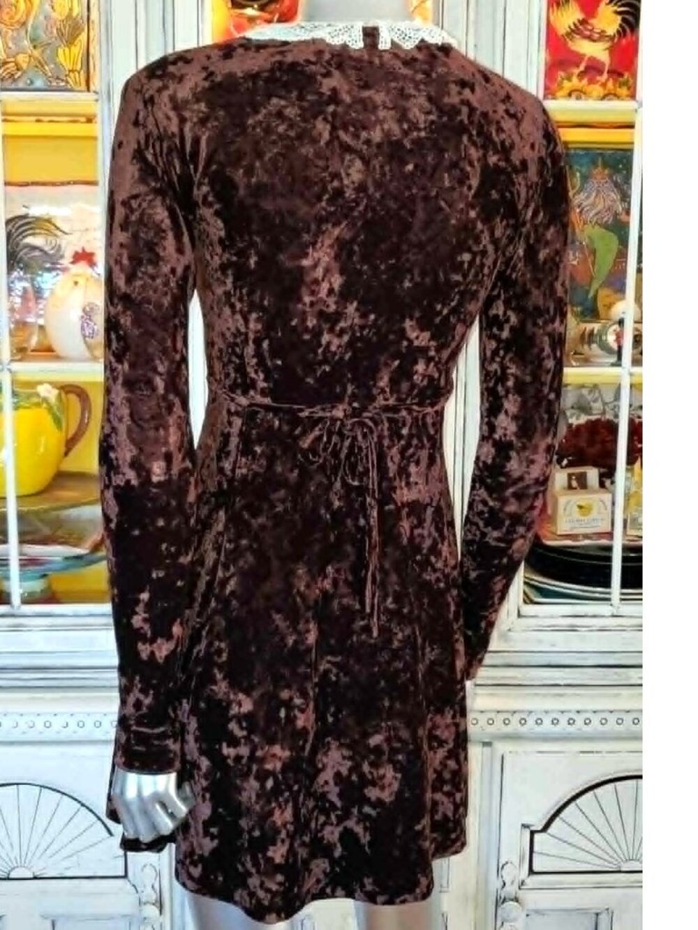 Vintage Betsey Johnson 90s Y2K Brown Crushed Velvet Victorian Pearl Skater Dress - Picture 7 of 15